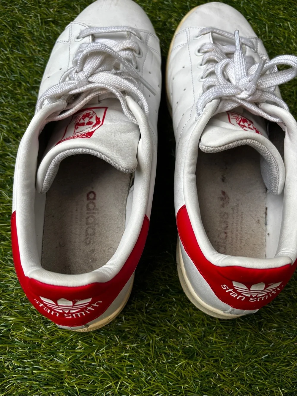 adidas Stan Smith White Leather Sneakers with Red Heel Patch